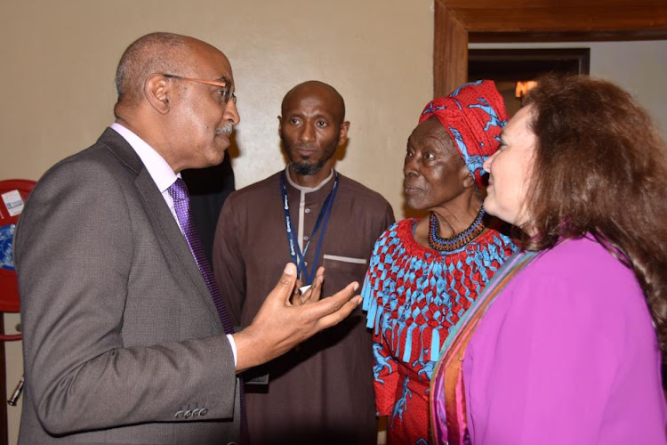 Health CAS Rashid Aman with Moi University ChancellorMiriam Were and other delegates during the Global Practitioner Conference on Community Health at Safari Park Hotel.