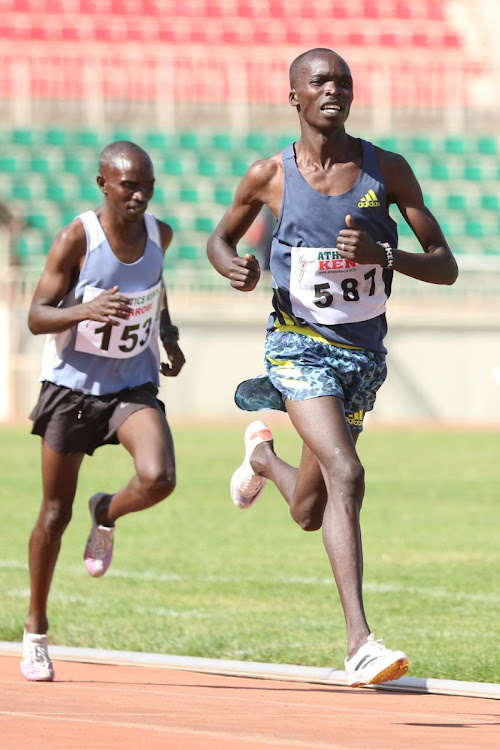 Leonard Bett on his way to victory during the 3rd AK track and field weekend meeting at Nyayo Stadium.