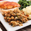 Thumbnail For My Mom's Perfect Thanksgiving Stuffing On A Plate With Turkey And Mashed Potatoes.