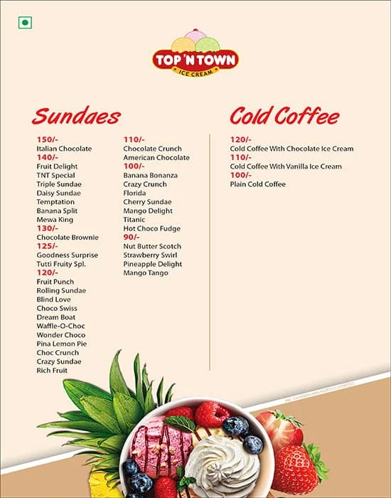 Top 'N Town Ice Cream menu 