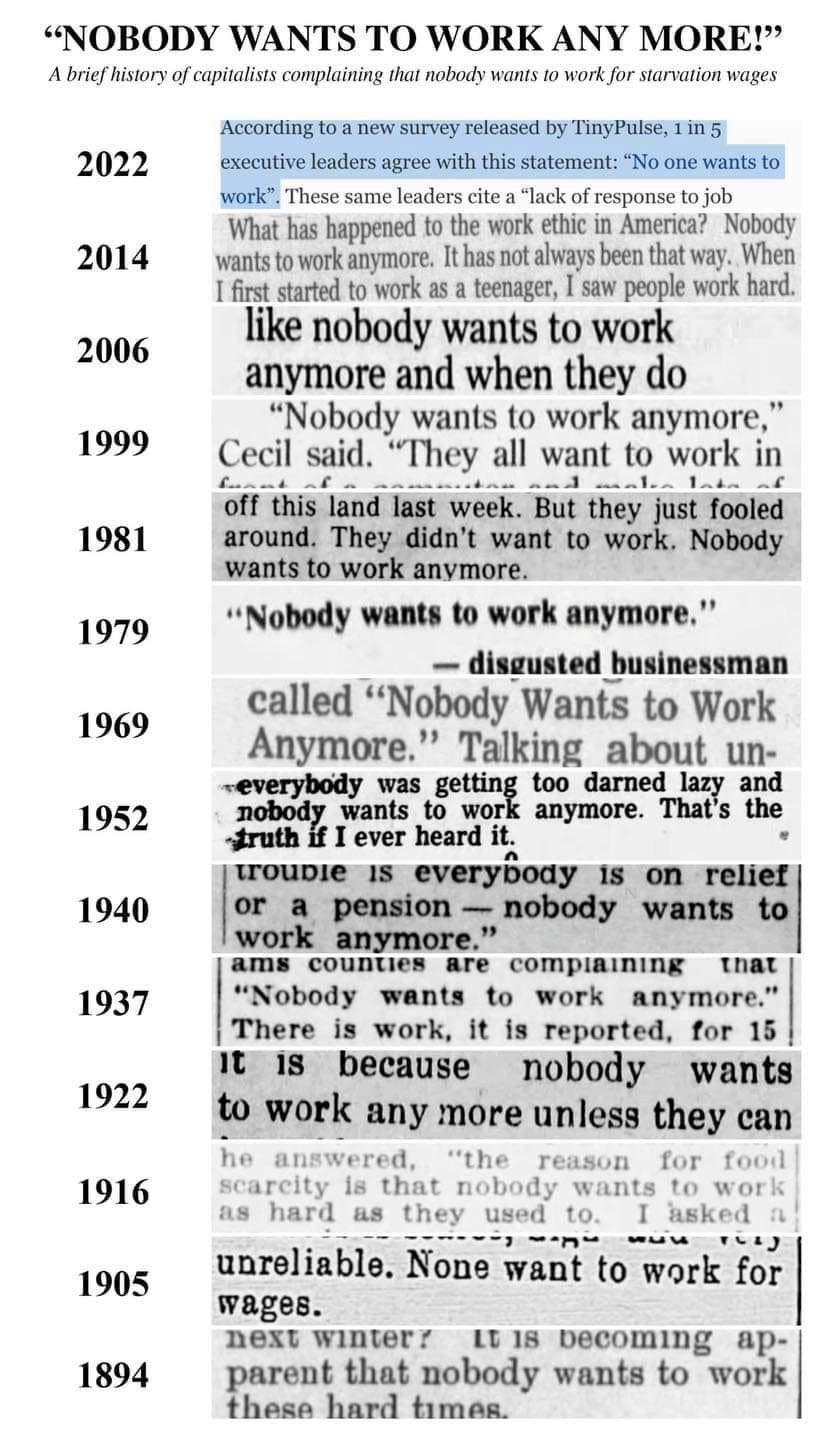 "Nobody Wants to Work Anymore!" A brief history of capitalists complaining the nobody wants to work for starvation wages-- Even young adults!