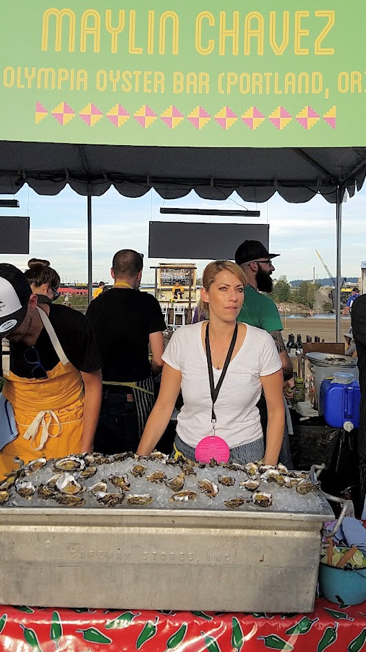 Feast PDX 2016 Night Market participant Maylin Chavez from Olympia Oyster Bar (Portland, OR): Oysters on the half Shell with Agua Chile Rojo, Pickled Cactus leaves, Avocado, and Micro cilantro