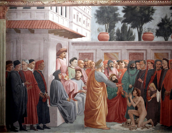 Masaccio e Filippino Lippi, Resurrezione del figlio di Teofilo e san Pietro in cattedra, 1427 (intervento di Masaccio) e 1485 (completamento di Filippino Lippi), particolare, Cappella Brancacci, Santa Maria del Carmine, Firenze