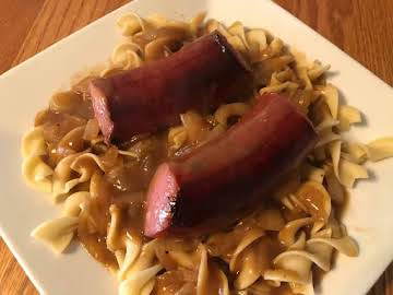 Bangers and Noodles with Onion Gravy