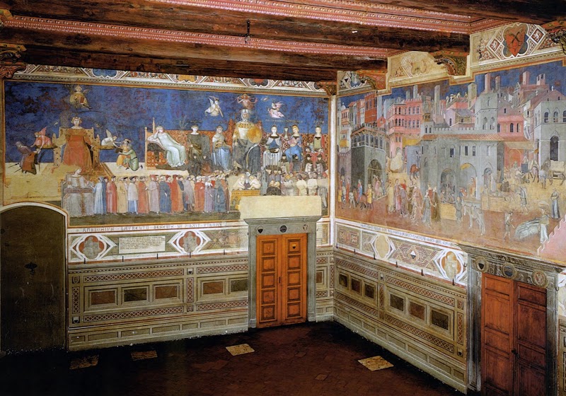 Ambrogio Lorenzetti, Allegoria del Buon Governo. La parete Nord ed un scorcio della parete Est (Effetti del Buon Governo in città) della Sala dei Nove del Palazzo Pubblico