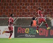 Siphosakhe Ntiya-Ntiya of Sekhukhune United celebrates their first goal with his team mates during the DStv Premiership match between Sekhukhune United and Swallows FC at Peter Mokaba Stadium on January 20, 2023 in Polokwane.