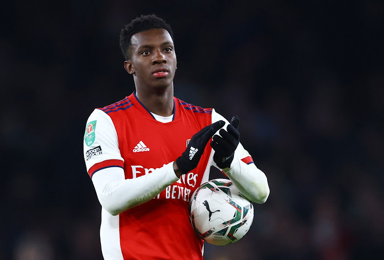 Arsenal's Eddie Nketiah with the match ball celebrates after a past match