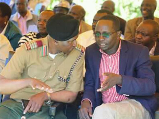 Elgeyo Marakwet County Commissioner Fredrick Ndambuki and Marakwet East MP Kangogo Bowen in Koibatek, Marakwet East on Friday January 19, 2018. /STEPHEN RUTTO