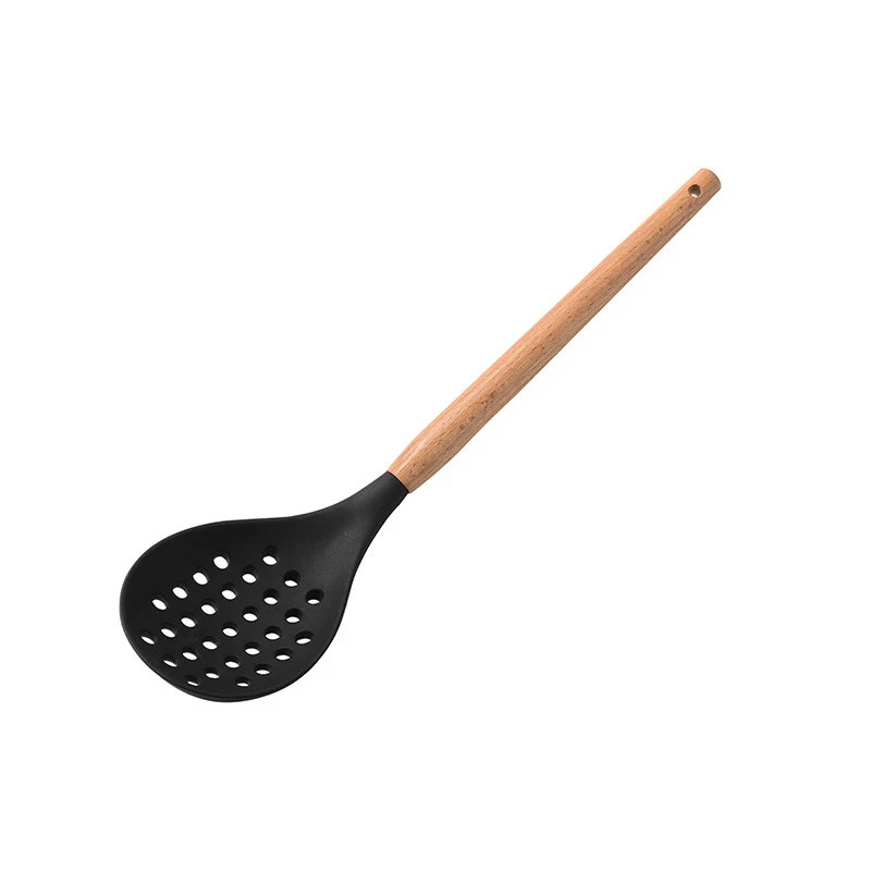 Ensemble 10 pièces Milk Black d'ustensiles de cuisine en silicone poignée bois antiadhésifs comprenant cuillère, spatule, fouet