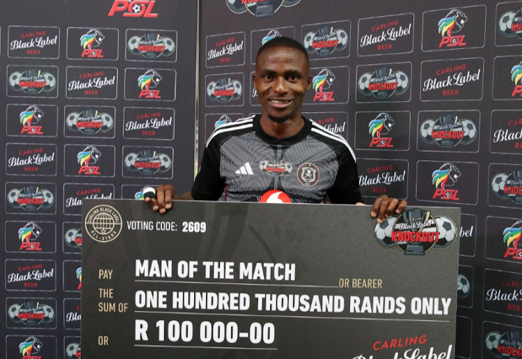 Thembinkosi Lorch of Orlando Pirates is awarded the man of the match award after their Carling Knockout Cup match against Cape Town Spurs at Orlando Stadium on October 20 2023.