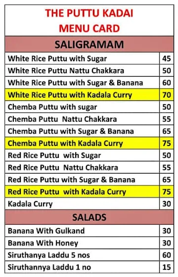 The Puttu Kadai menu 