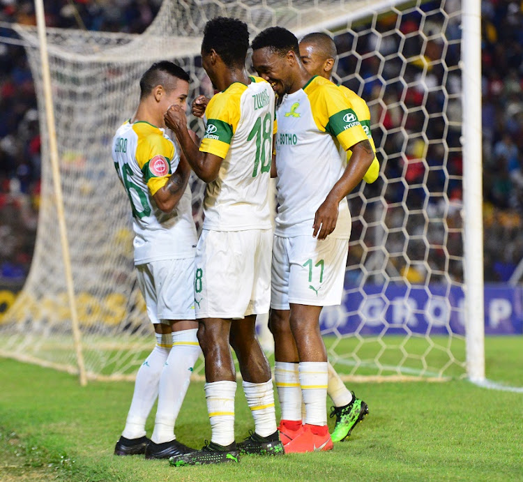 Gaston Sirino of Mamelodi Sundowns celebrate after scoring a goal during the Absa Premiership match between Black Leopards and Mamelodi Sundowns at Thohoyandou Stadium on April 30, 2019 in Thohoyandou, South Africa.