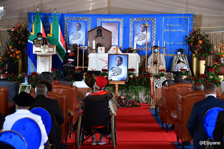 The podium and backdrop at the marquee for the memorial service of the late Zulu monarch, King Goodwill Zwelithini.