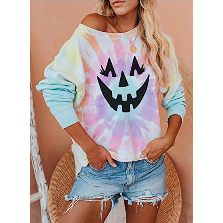 T-shirt Halloween explosif Smiley citrouille crâne imprimé pull ample à manches longues femmes