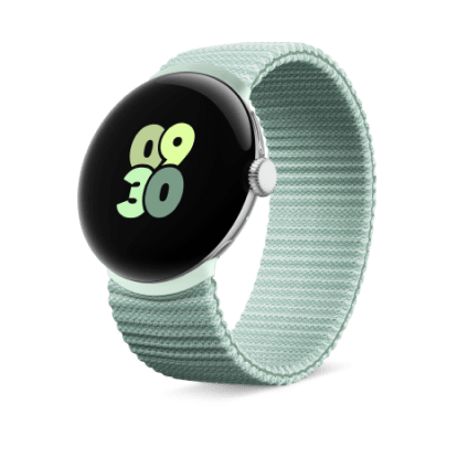 Vue de biais d'un bracelet élastique Google Pixel Watch. Disponible dans les coloris Lin, Rose et Noir Volcanique