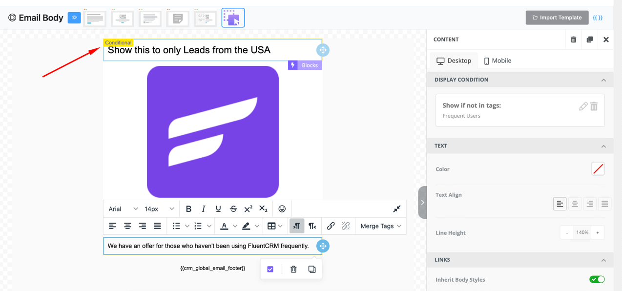 conditional section on visual builder of fluentcrm