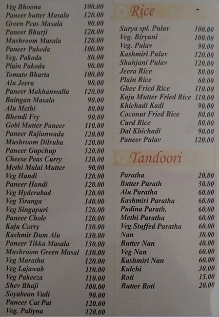 Hotel Surya menu 