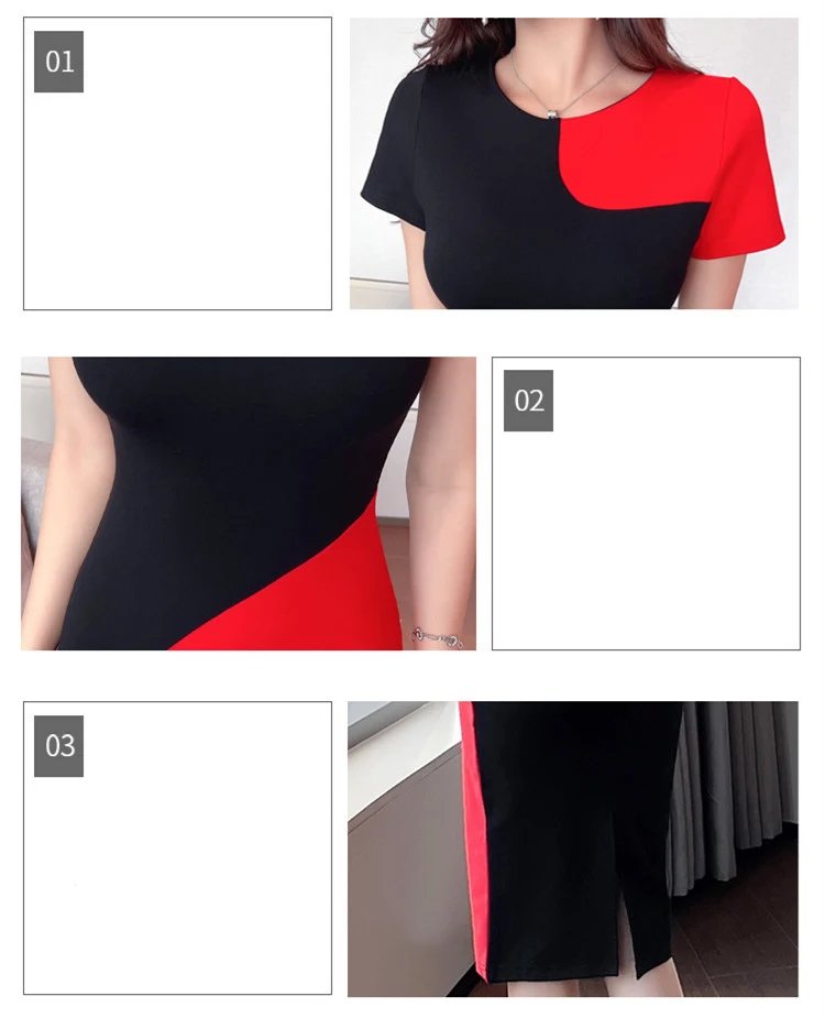 Slim mid-length jurk met kleurblokken, hoge taille en korte mouwen. Een stijlvolle en flatterende jurk voor een elegante uitstraling.
