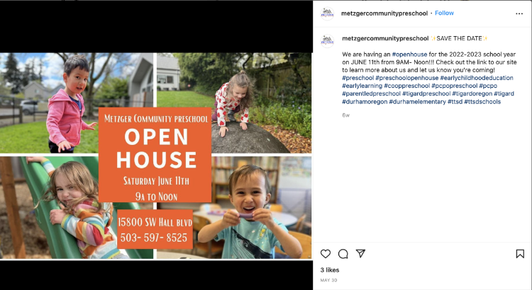 Metzger Community Preschool Open House Instagram post