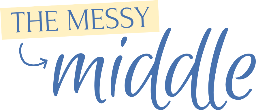 The Messy Middle Logo - Blue text with yellow highlight that says "The Messy" with an arrow pointing to blue script text saying "middle"