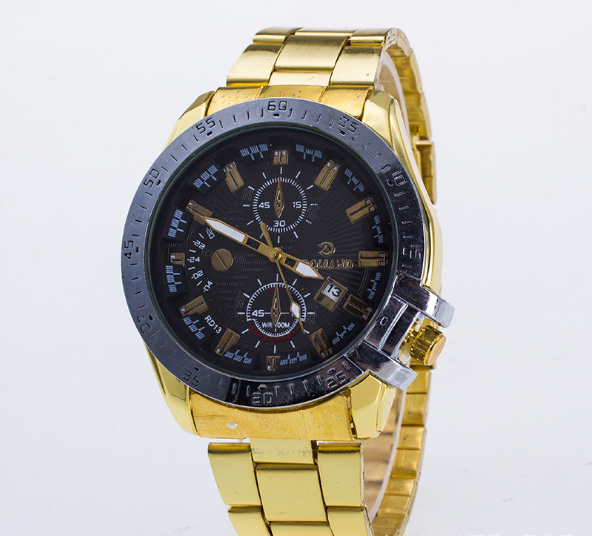 Heren sport quartz horloge met hoogwaardige stalen band, kalender, valse drie-ogen wijzerplaat. Modieus en populair export model.