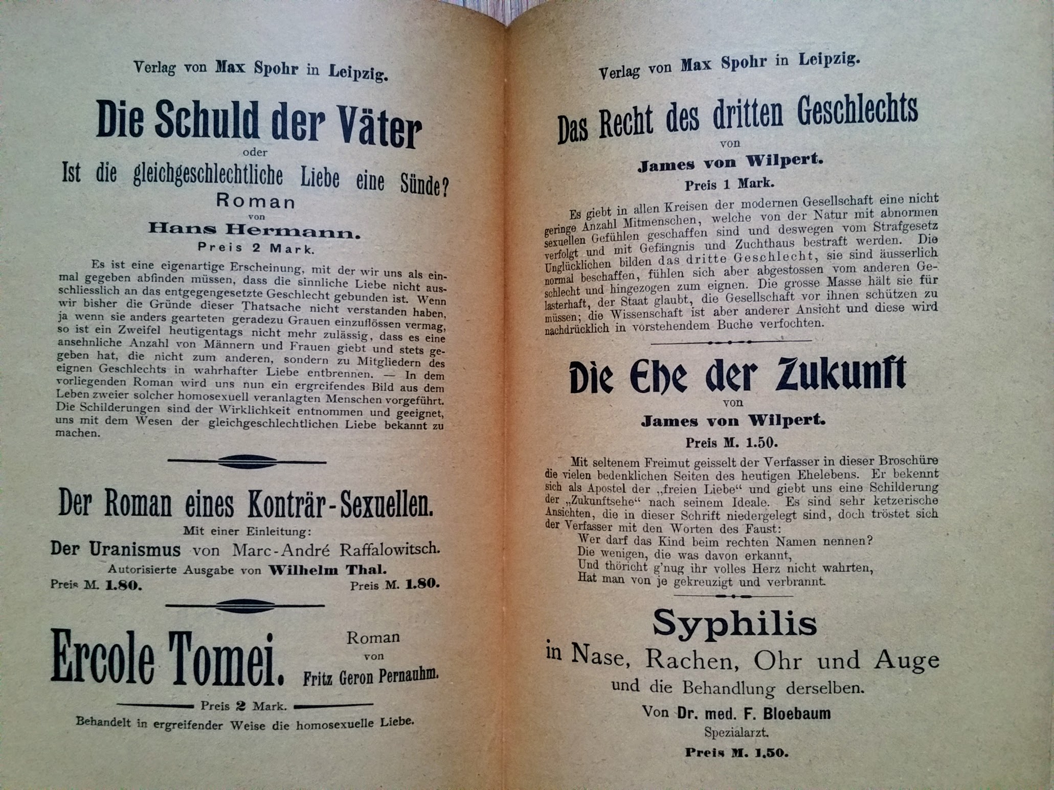 Die Vorbeugung der Empfängniss aus Ehenoth - 1892 - Buchkatalog Verlag Max Spohr in Leipzig