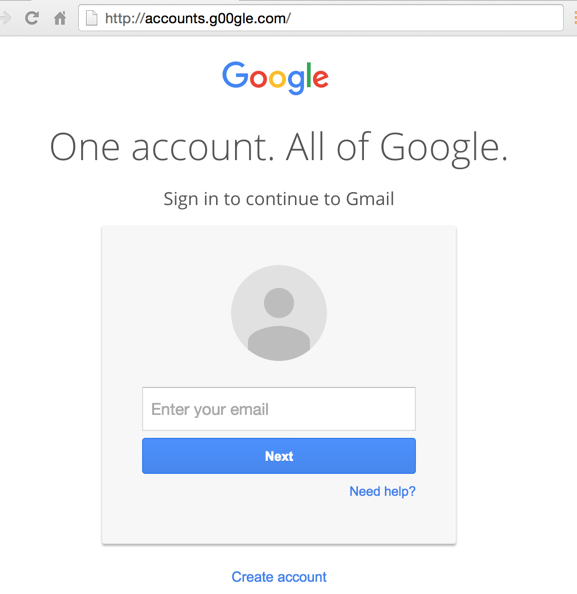 Página de login falso do Google