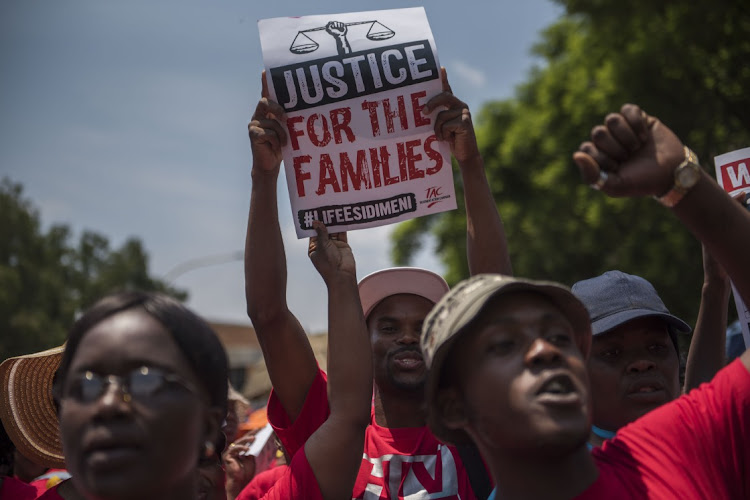 Protests during the testimony of former Gauteng Health MEC Qedani Mahlangu at the Life Esidimeni arbitration hearings on January 22, 2018 in Johannesburg, South Africa.