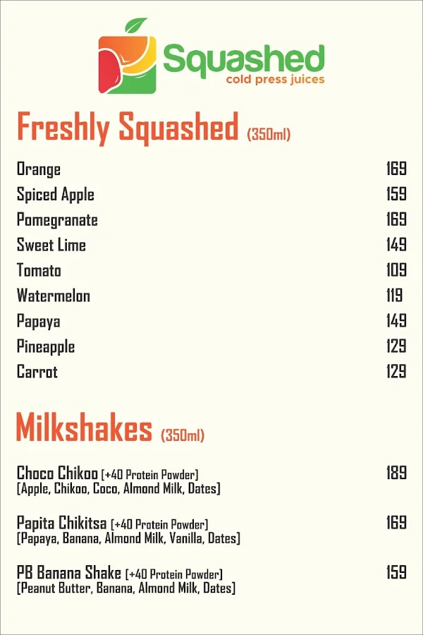 Squashed - Cold Press Juices menu 