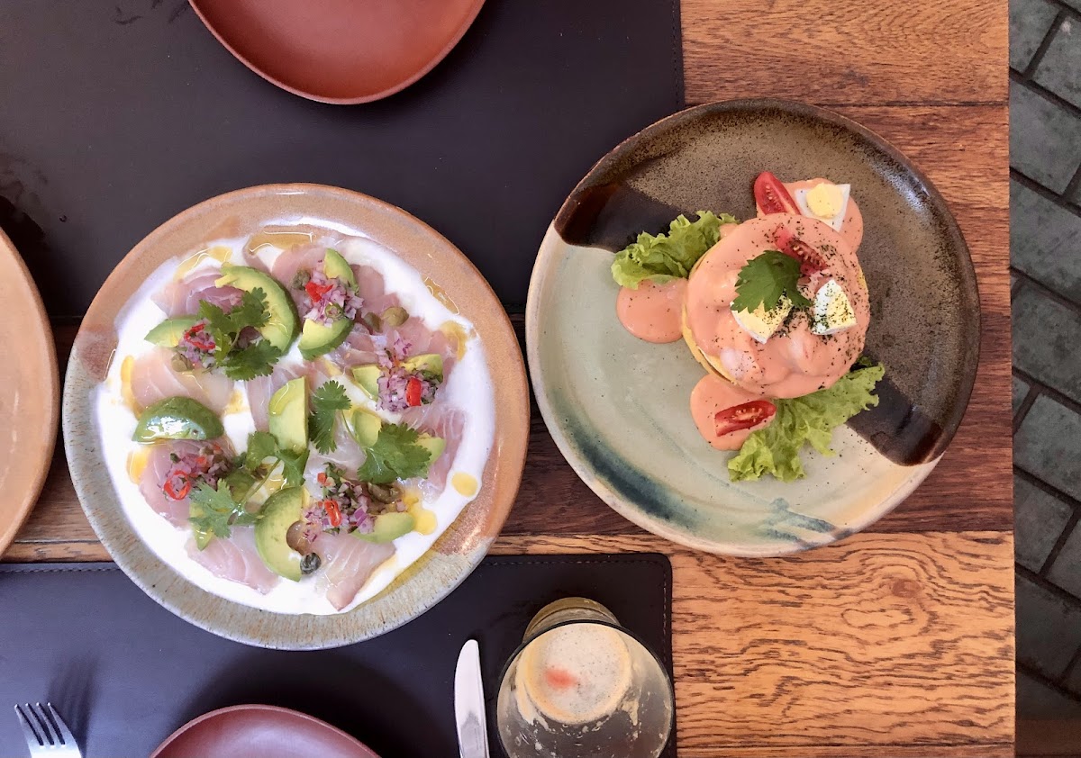 Tiradito with leche de tigre and prawn causa