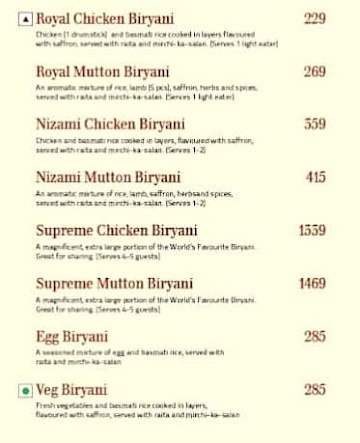 Paradise Biryani menu 