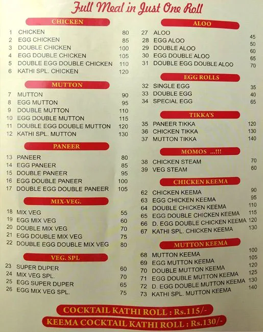 Hot Kathi Roll menu 