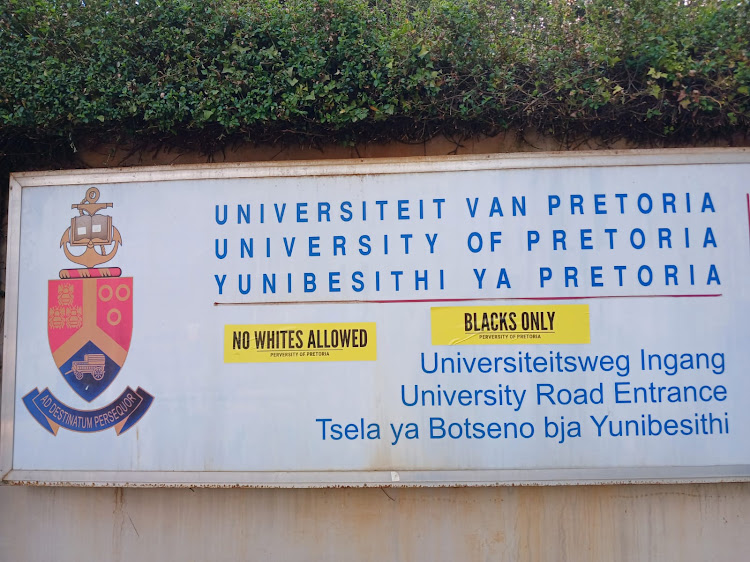 Racially provocative stickers pasted outside the University of Pretoria Hatfield campus entrance by AfriForum Youth.