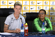 Banyana Banyana head coach Desiree Ellis (R) with her captain Janine van Wyk during the senior women's national team squad announcement at SAFA House in Johannesburg on November 07, 2018.  