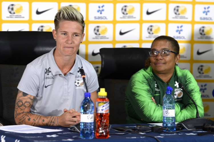 Banyana Banyana head coach Desiree Ellis (R) with her captain Janine van Wyk during the senior women's national team squad announcement at SAFA House in Johannesburg on November 07, 2018.