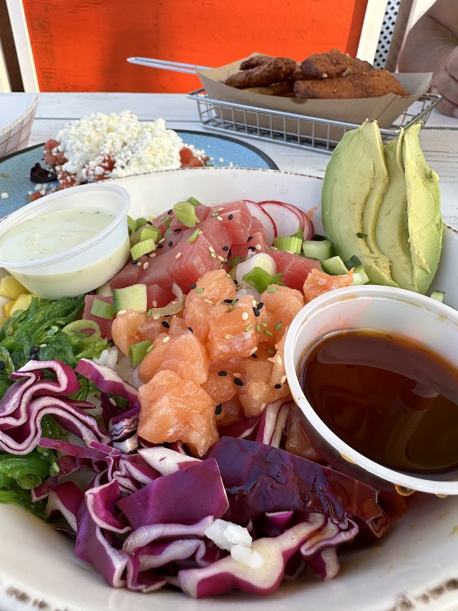 Tuna snd salmon poke bowl with gf sauces