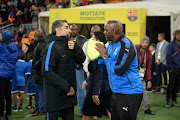 FC Barcelona head coach Ernesto Valverde and Mamelodi Sundowns head coach Pitso Mosimane during the International Club Friendly match at FNB Stadium on May 16, 2018 in Johannesburg, South Africa.