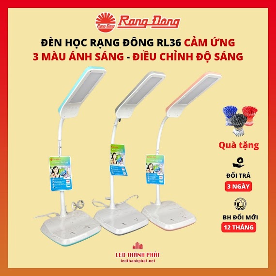 Đèn Học Để Bàn Rạng Đông Rl36 Cảm Ứng 4 Màu Ánh Sáng 3 Mức Độ Sáng Bóng Led 6W , Đèn Đọc Sách Chống Cận Bảo Vệ Thị Lực