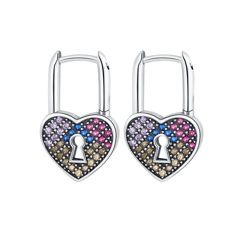 Boucles d'oreilles Thai Argent Design Personnalisé Cadenas d'Amour, zircon couleur, simple face. Bijou unique.