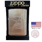 Bật Lửa Ziippo Mỹ Brush Chrome Khắc Ăn Mòn Chim Đại Bàng United States Of America, Mộc Đáy Ngược Sản Xuất 1994