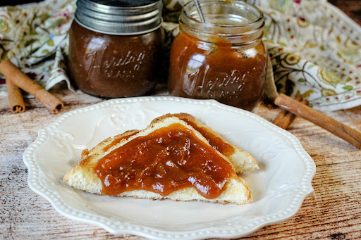 Homemade Apple Butter on a piece of toast.