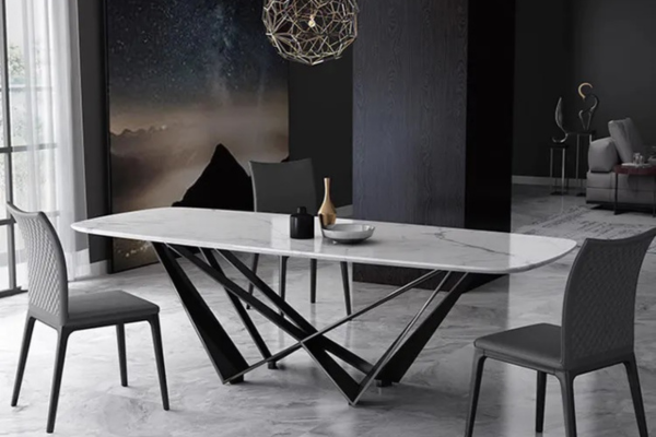 White sintered stone dining table with sleek black metal legs