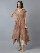 W Beige Cotton Floral Print Flared Kurta