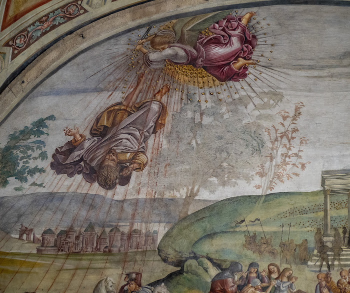 Luca Signorelli, Predica e fatti dell'Anticristo (particolare, l'epilogo della vicenda dell'Anticristo, con l'Arcangelo Michele che lo colpisce in cielo con la spada), ciclo di affreschi, Orvieto, Duomo, Cappella di San Brizio