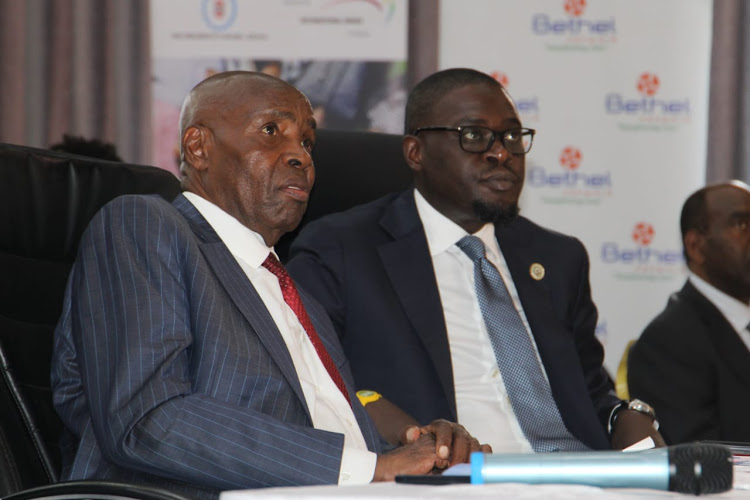 Education CS Ezekiel Machogu engaging Nairobi county governor Johnson Sakaja during the inauguration of Nairobi Education Conference at the Kenya Institute for Special Education (KISE), Kasarani on March 28, 2024.