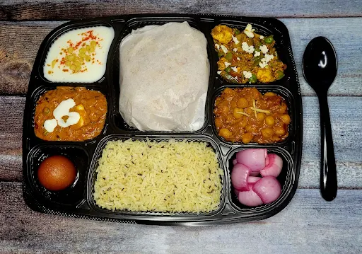 Matar Paneer, Chole, Mix Veg, Raita, Gulab Jamun, Poori (5pcs), Rice, Salad