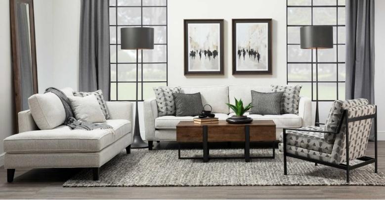 A living room with patterned accent chair