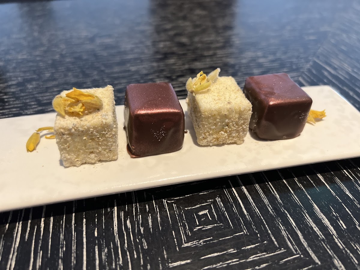 Petit fours (chocolate chili truffle & gorse flower marshmallow)