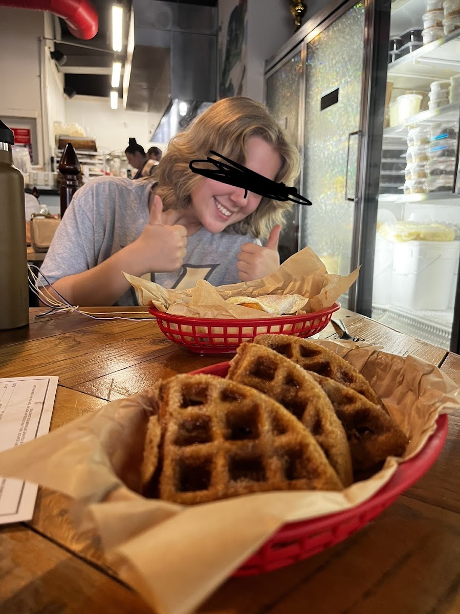 cinnamon sugar donut waffle and bufflo chicken bowl