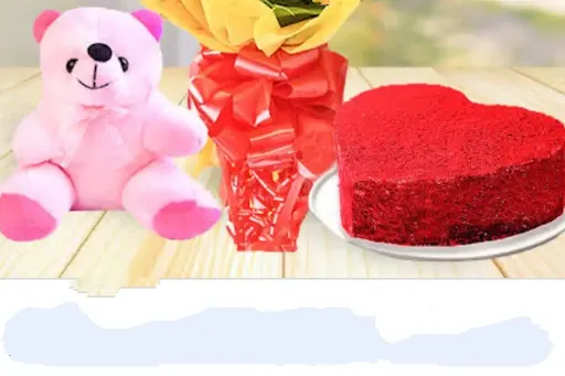 Red Velvet Heart Shape Cake & 1 Teddy Bear [500 Gram]